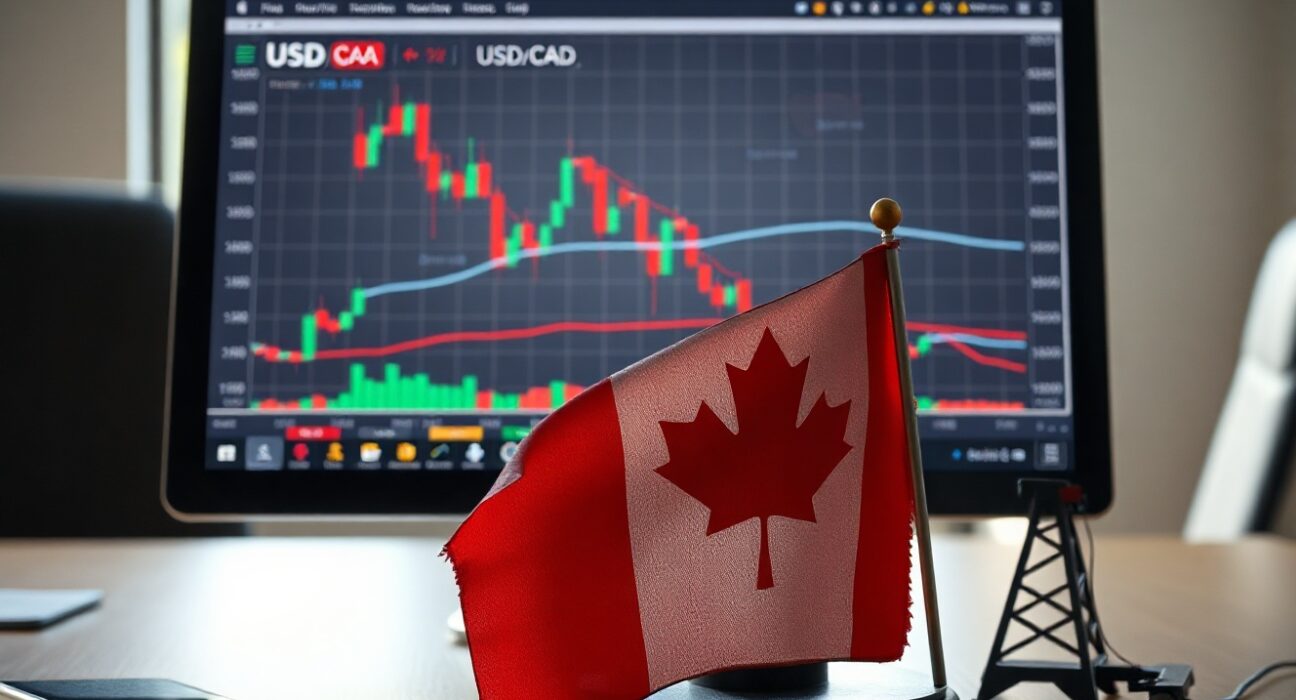 USD/CAD trading chart with Canadian flag and oil derrick model on a desk