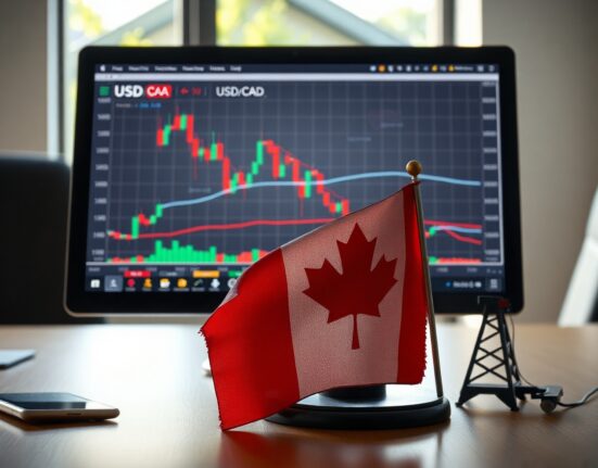 USD/CAD trading chart with Canadian flag and oil derrick model on a desk