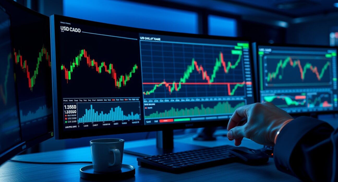 Forex trading desk showing USD/CAD chart near 1.3650 ahead of jobs data release