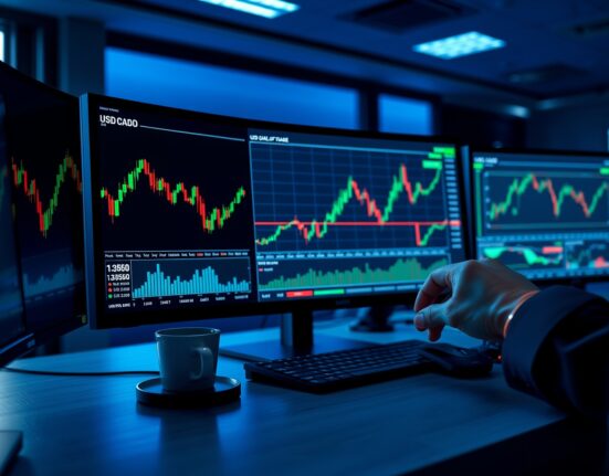 Forex trading desk showing USD/CAD chart near 1.3650 ahead of jobs data release