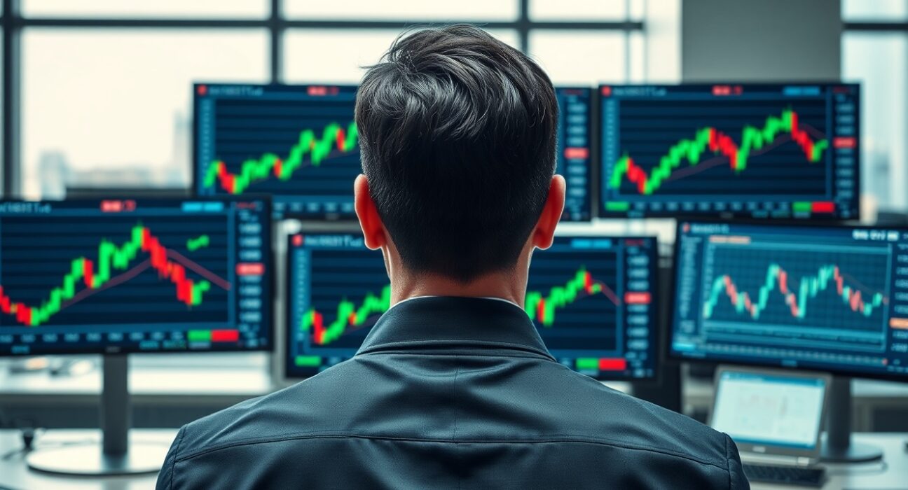 Trader monitoring USD/CAD forex chart on multiple screens in a professional office setting.