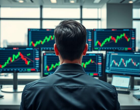 Trader monitoring USD/CAD forex chart on multiple screens in a professional office setting.