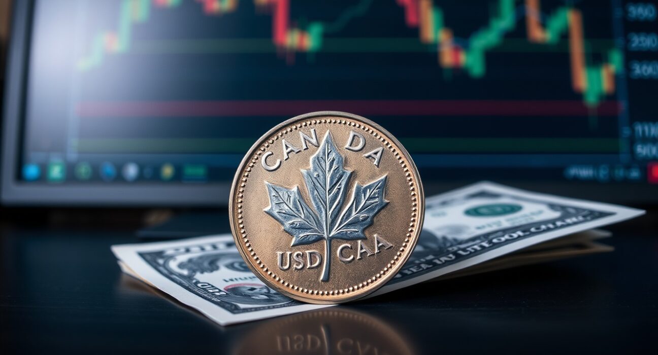 Canadian dollar coin and US dollar bill on a trading desk with a downward-trending USD/CAD chart in the background.