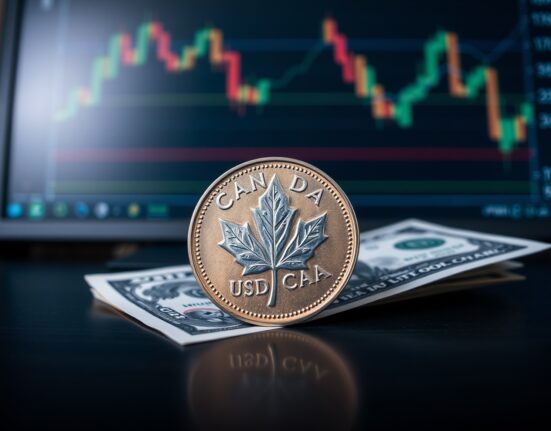 Canadian dollar coin and US dollar bill on a trading desk with a downward-trending USD/CAD chart in the background.