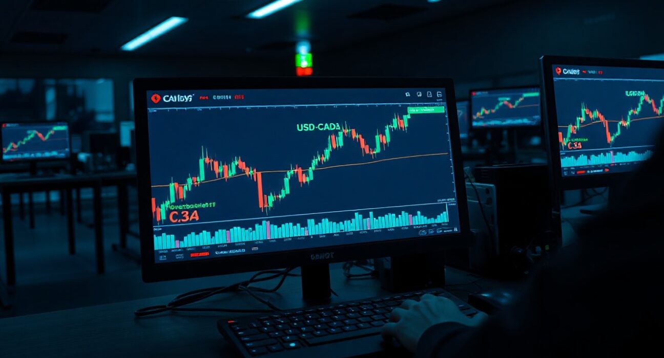 Forex trading desk with USD/CAD chart showing overbought signals and upward trend