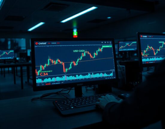 Forex trading desk with USD/CAD chart showing overbought signals and upward trend