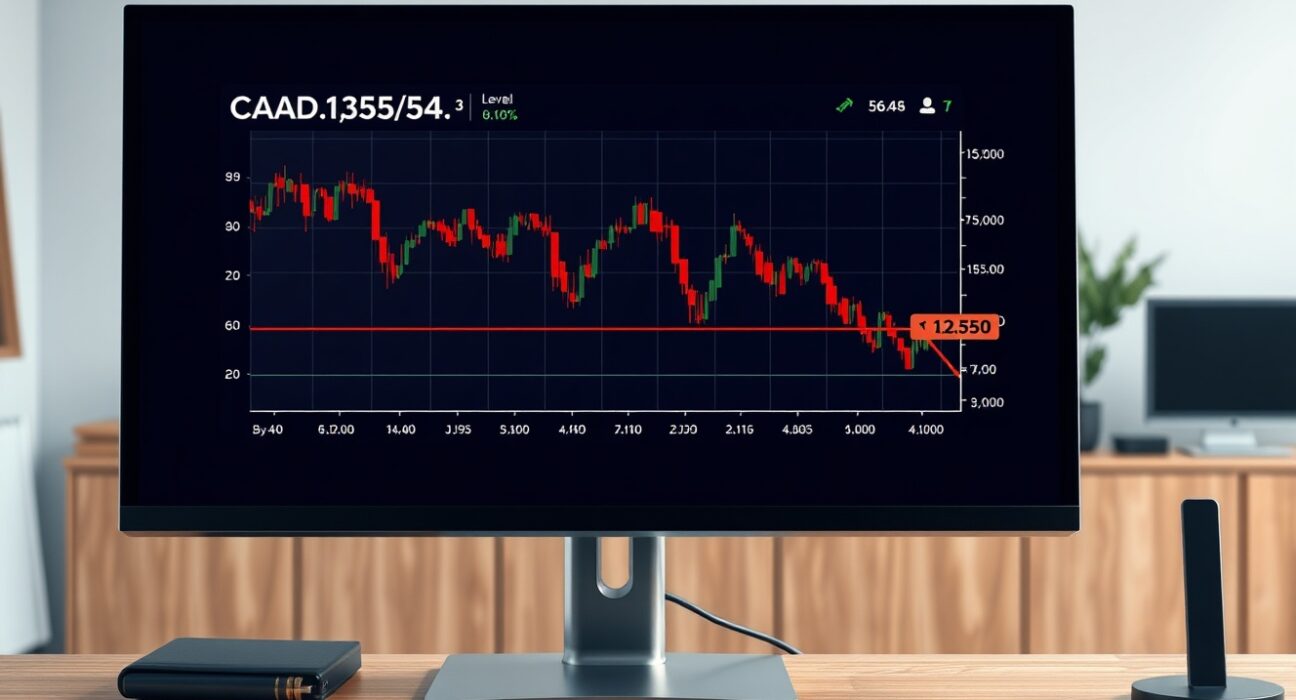 USD/CAD forex chart analysis showing bearish trend near 1.3550 on a trader's monitor.