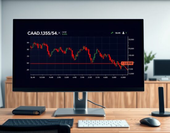 USD/CAD forex chart analysis showing bearish trend near 1.3550 on a trader's monitor.