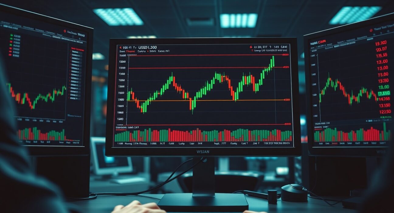 Forex trading desk with USD/CAD chart showing uptrend approaching 1.3700