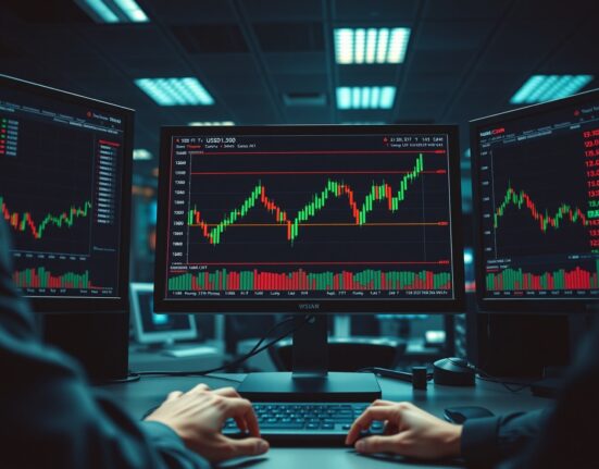 Forex trading desk with USD/CAD chart showing uptrend approaching 1.3700