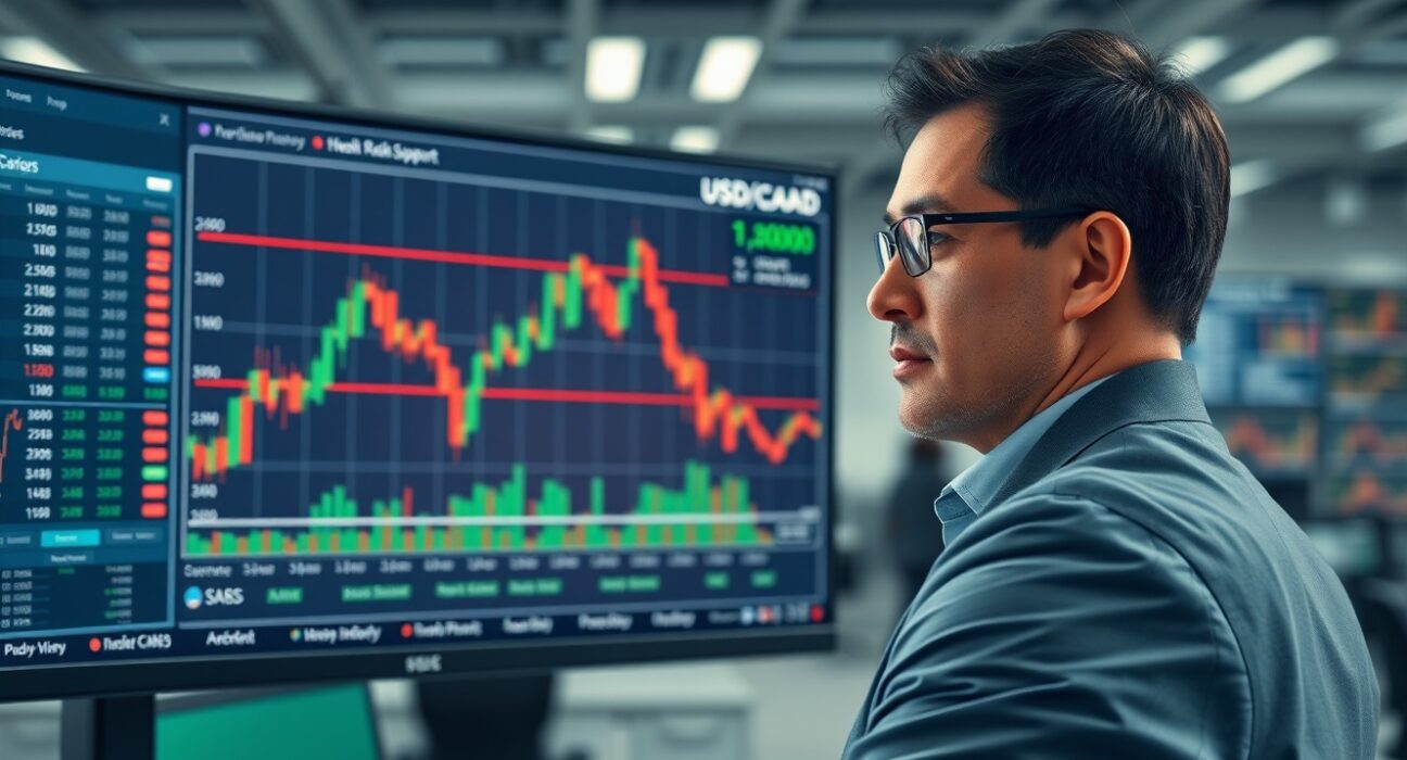 Analyst reviewing USD/CAD chart showing technical rebound from 20-day EMA support level.