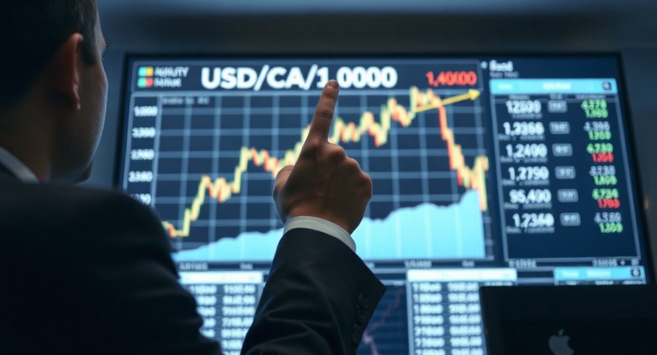 Analyst pointing at USD/CAD chart showing upward trend toward 1.4000