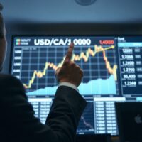 Analyst pointing at USD/CAD chart showing upward trend toward 1.4000