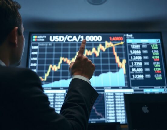 Analyst pointing at USD/CAD chart showing upward trend toward 1.4000