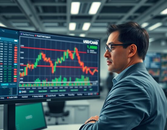 Analyst reviewing USD/CAD chart showing technical rebound from 20-day EMA support level.