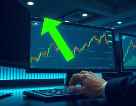 Forex trading monitors displaying USD/CAD chart with resistance level at 1.3870