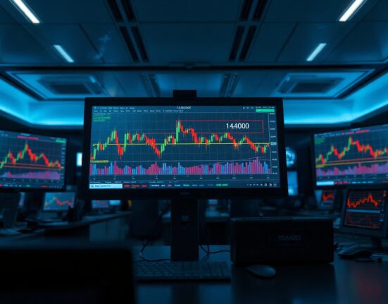 USD/CAD forex chart showing price near 1.4000 resistance with overbought RSI indicator on trading monitors.