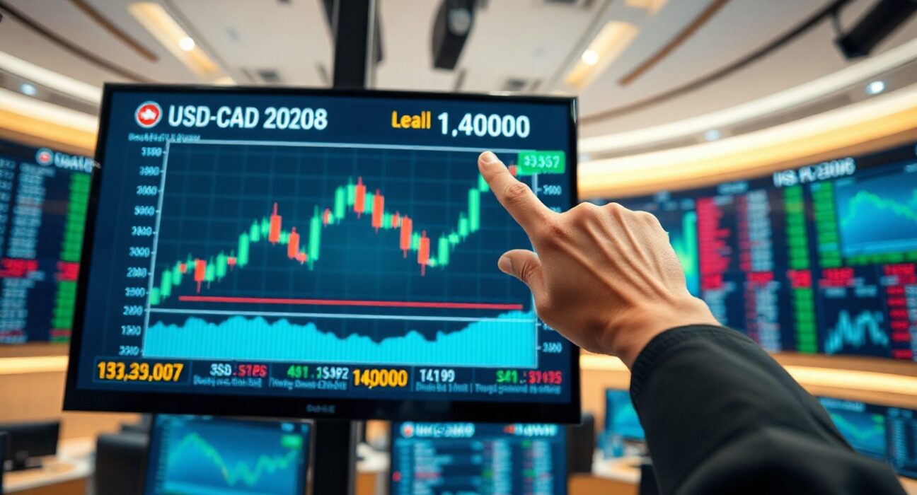 Analyst pointing at USD/CAD chart showing price near 1.4000 level with overbought conditions