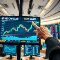 Analyst pointing at USD/CAD chart showing price near 1.4000 level with overbought conditions