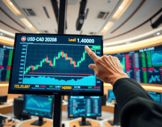Analyst pointing at USD/CAD chart showing price near 1.4000 level with overbought conditions