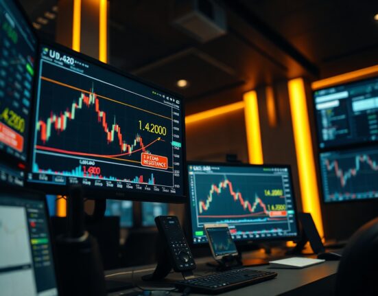 Forex trading monitors displaying USD/CAD uptrend chart with 1.4200 resistance level highlighted