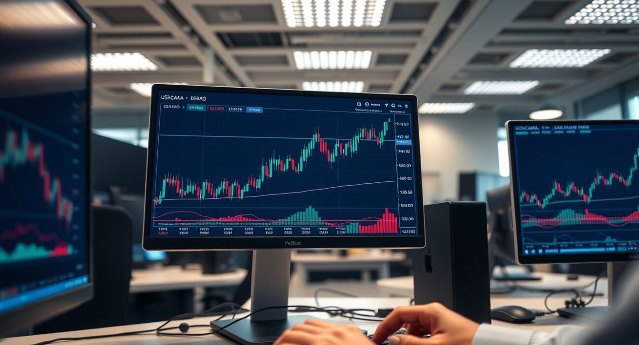 Forex trader monitoring USD/CAD chart with uptrend and RSI indicator near overbought zone