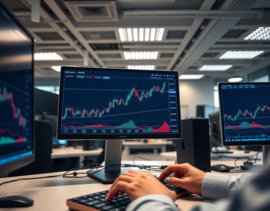 Forex trader monitoring USD/CAD chart with uptrend and RSI indicator near overbought zone