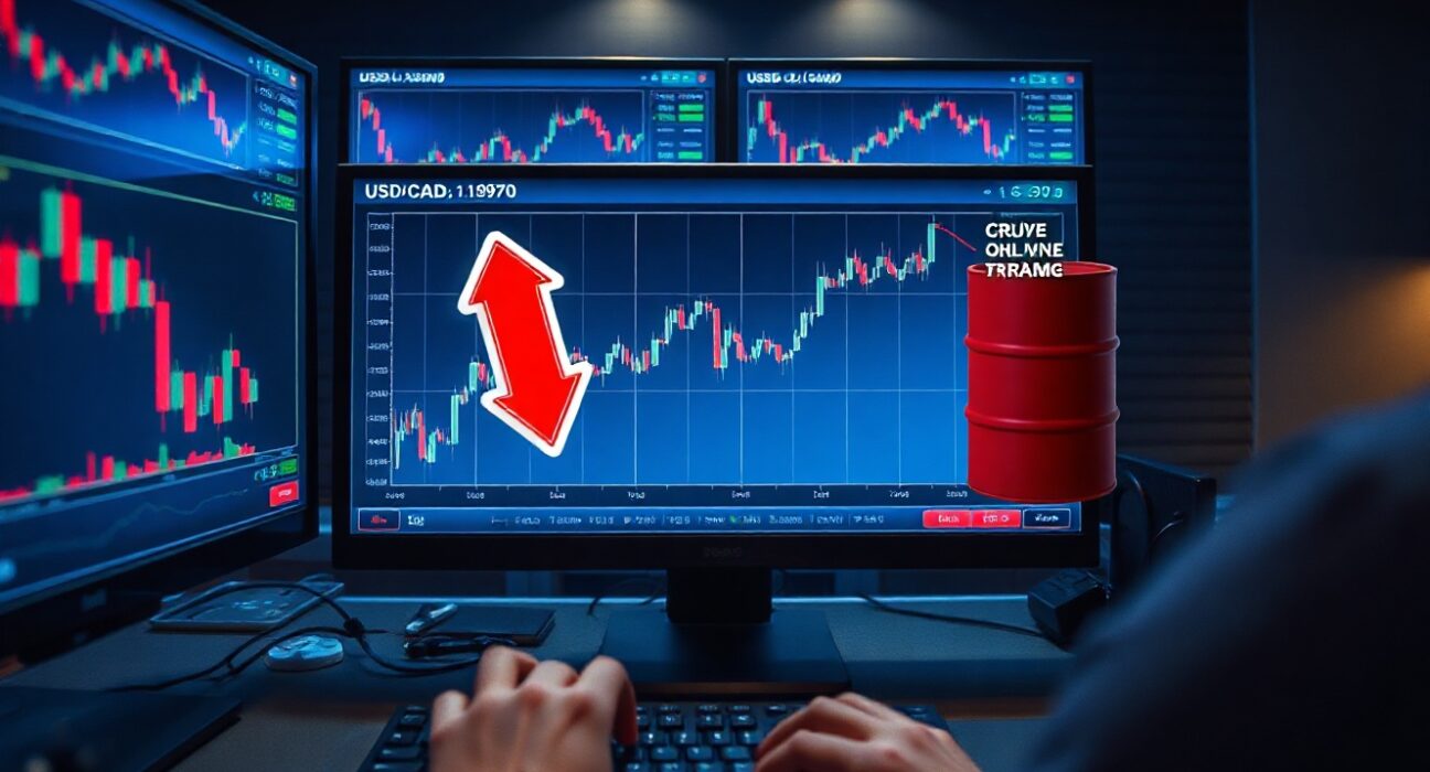 Forex trading monitors showing USD/CAD chart rising to 1.3970 amid falling oil prices