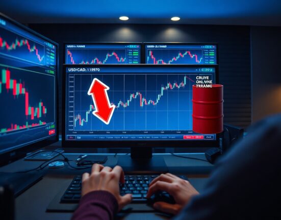 Forex trading monitors showing USD/CAD chart rising to 1.3970 amid falling oil prices