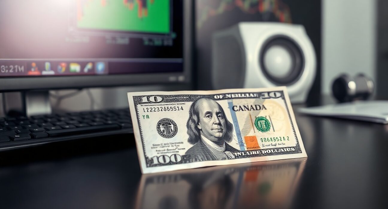 US Dollar and Canadian Dollar banknotes on a desk with a financial chart in the background