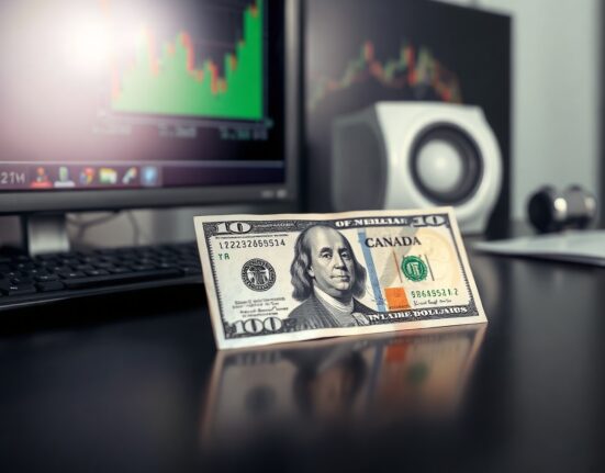 US Dollar and Canadian Dollar banknotes on a desk with a financial chart in the background
