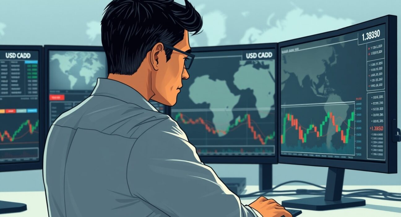 Trader analyzing USD/CAD forex charts amid Middle East conflict market volatility