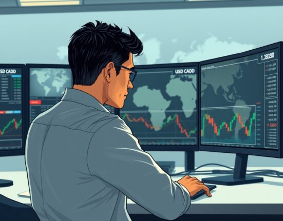 Trader analyzing USD/CAD forex charts amid Middle East conflict market volatility