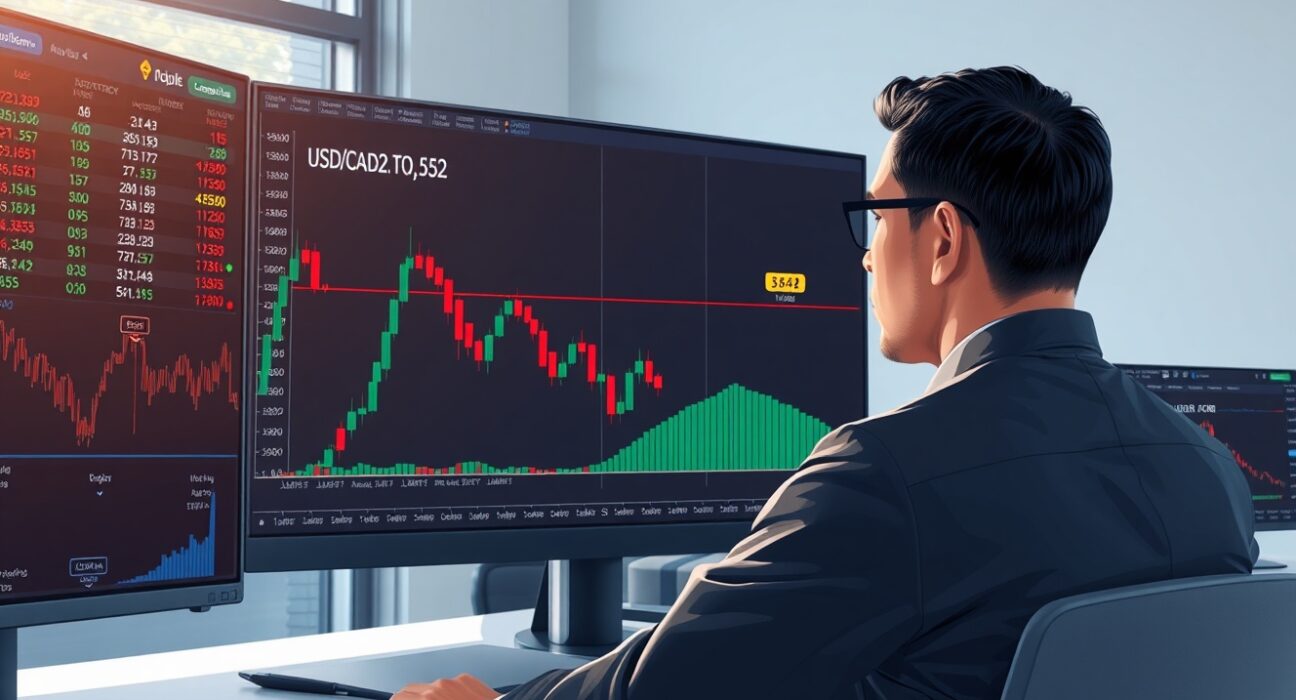 Financial analyst reviews Scotiabank's USD/CAD technical analysis showing range-bound downside bias on forex chart.