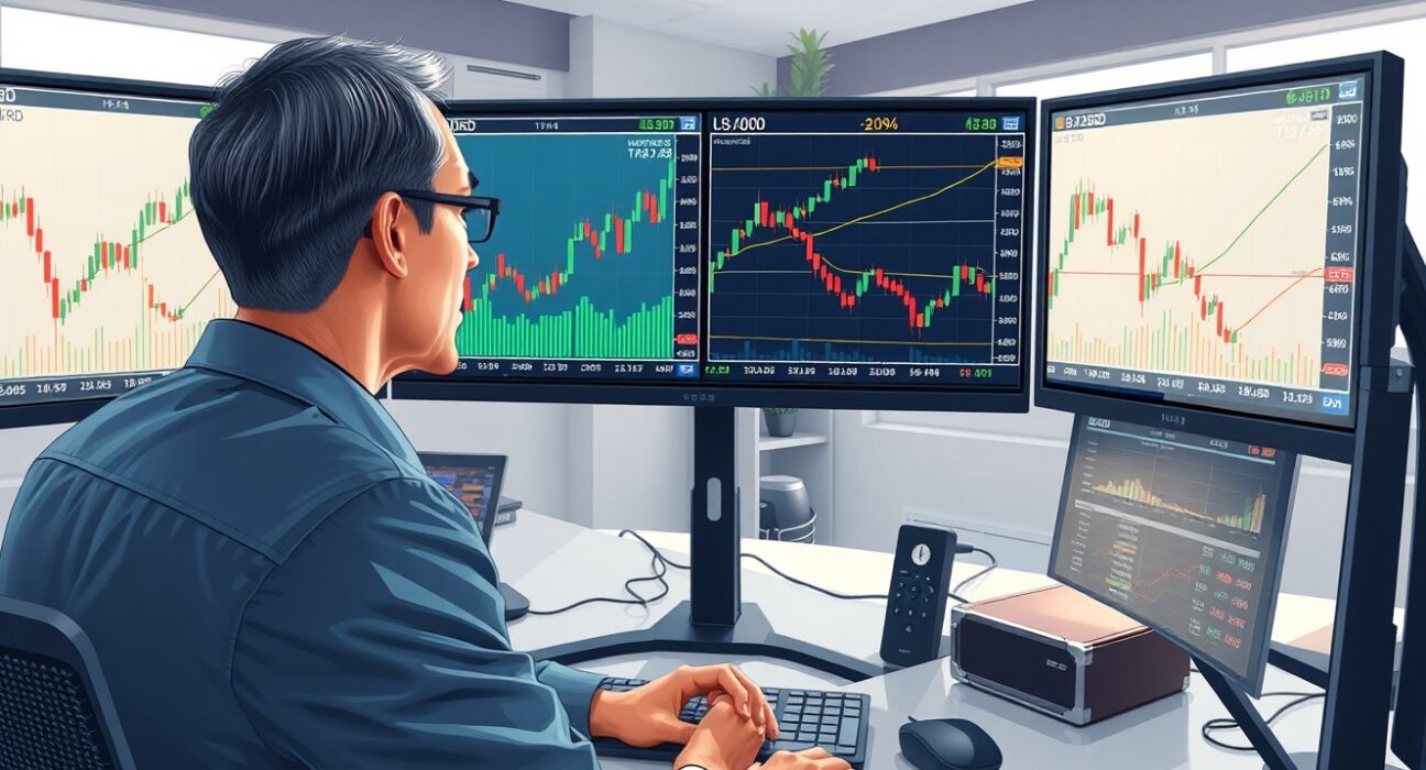 Financial analyst reviewing USD/CAD technical charts and Scotiabank forecast data on trading monitors.