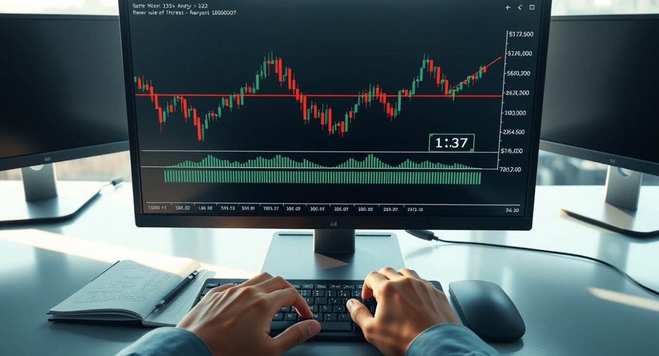 Professional USD/CAD technical analysis chart showing range trading above 1.37 level on trading desk monitor
