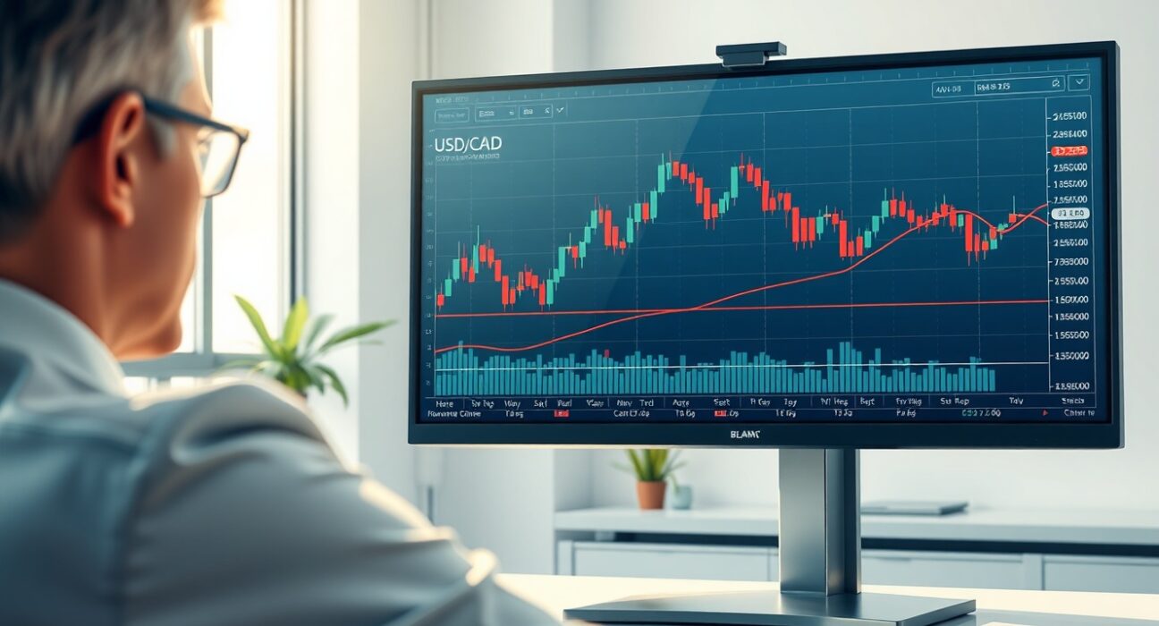 Financial analyst reviews USD/CAD currency pair chart with Societe Generale forecast data.