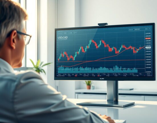 Financial analyst reviews USD/CAD currency pair chart with Societe Generale forecast data.