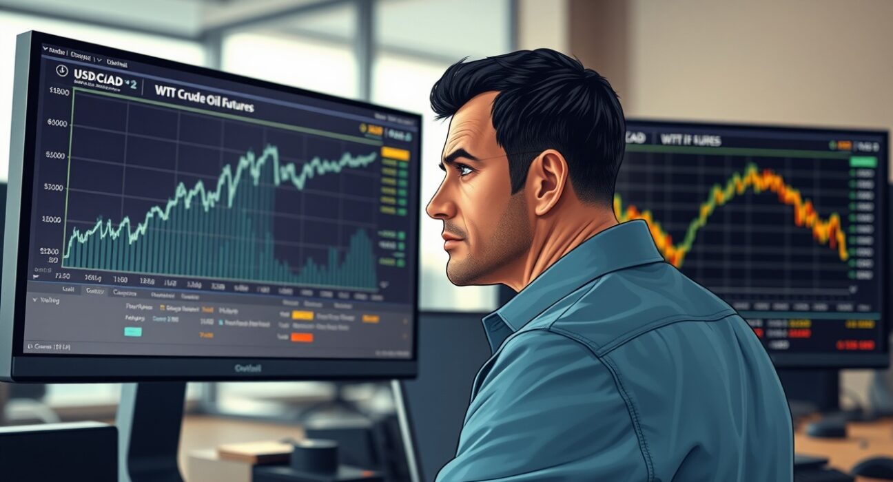 Trader analyzing USD/CAD and WTI crude oil charts showing inverse price relationship in March 2025.