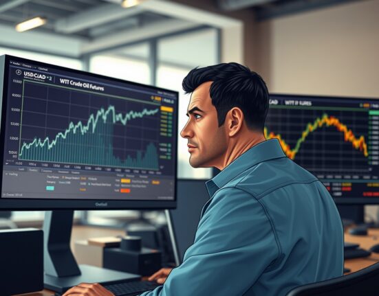 Trader analyzing USD/CAD and WTI crude oil charts showing inverse price relationship in March 2025.