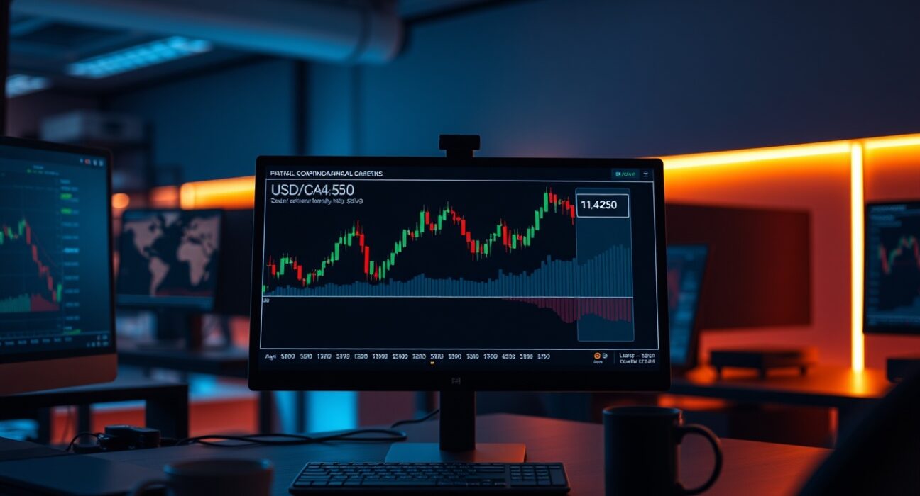 Trading screen showing USD/CAD currency pair chart approaching 1.4250 resistance level