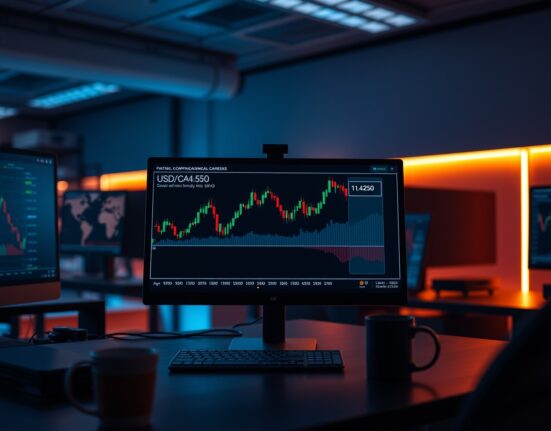 Trading screen showing USD/CAD currency pair chart approaching 1.4250 resistance level