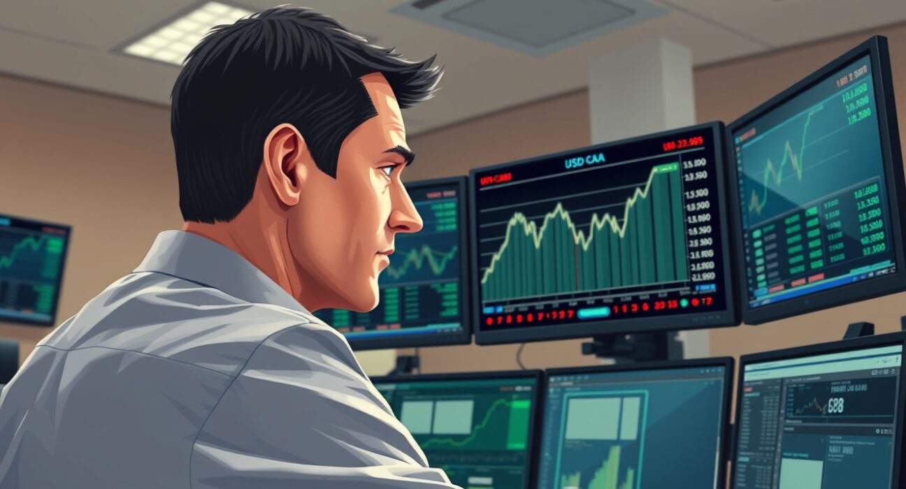 Trader analyzes USD/CAD forex chart showing rebound after weak Canadian retail sales data.