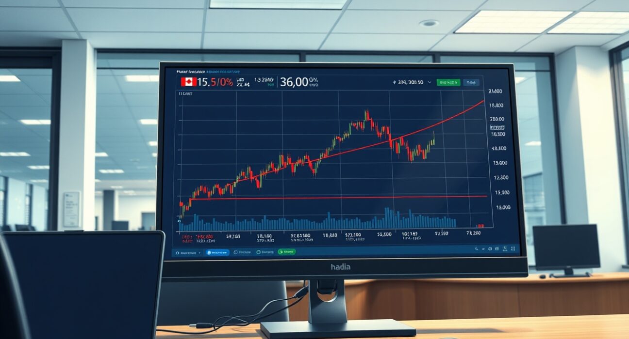USD/CAD currency chart showing surge past 1.3700 level on trading desk monitor