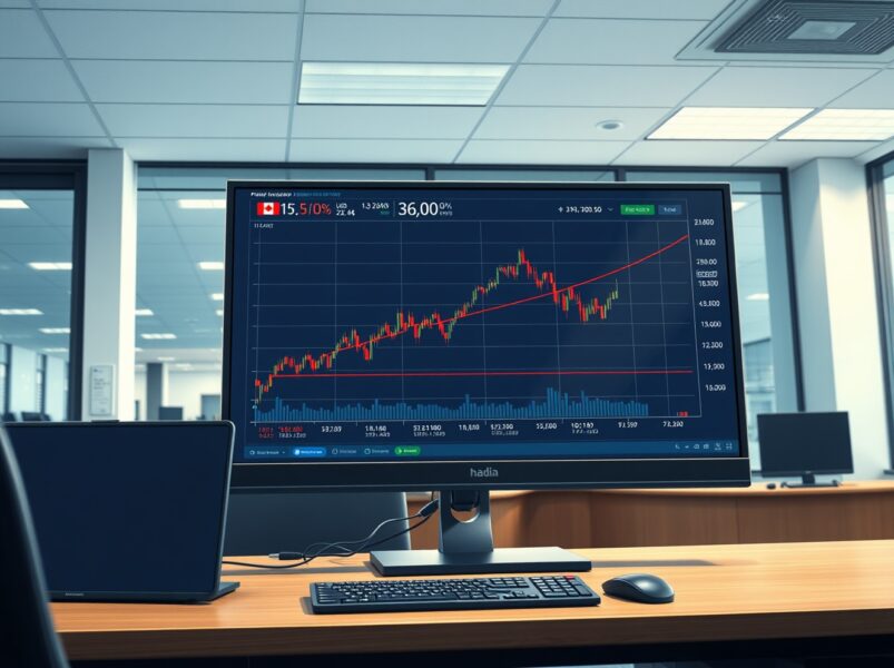 USD/CAD currency chart showing surge past 1.3700 level on trading desk monitor