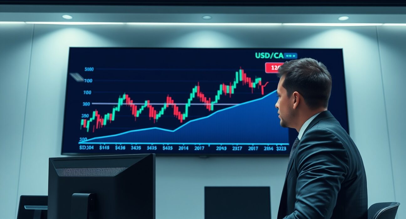 Forex trader monitoring a USD/CAD chart showing an upward trend after Canadian employment data miss.