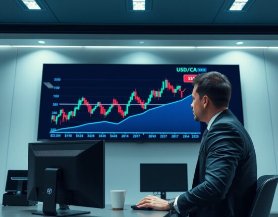 Forex trader monitoring a USD/CAD chart showing an upward trend after Canadian employment data miss.