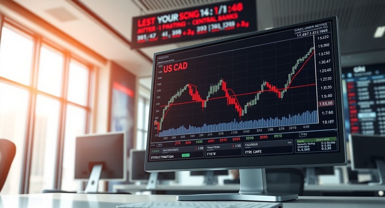 USD/CAD currency pair analysis showing upward movement on professional trading desk monitor