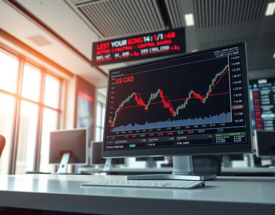 USD/CAD currency pair analysis showing upward movement on professional trading desk monitor
