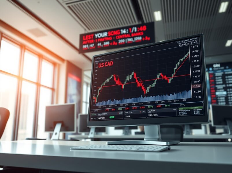 USD/CAD currency pair analysis showing upward movement on professional trading desk monitor